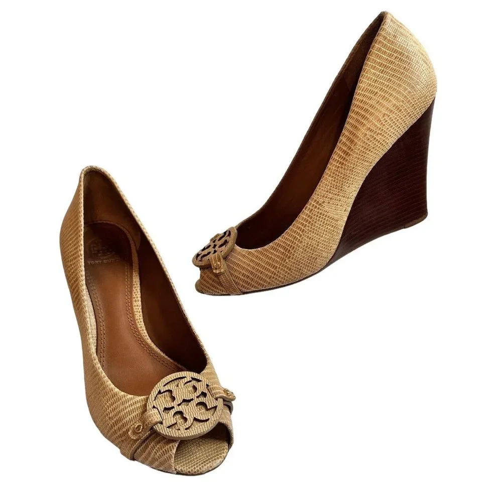 👠 Tory Burch Leather Wedge Peeptoe Shoes Heels Sz 9M Tan Animal Reptile Pr…